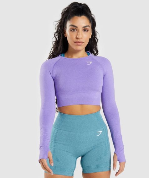 Women's Gymshark Vital Seamless 2.0 Long Sleeve Cropped Tops Lavender | NZ 5OLYUB